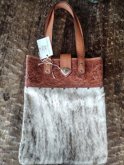 Cowhide and hand tolled leather shoulder bag, handbag