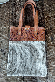 Cowhide and hand tolled leather shoulder bag, handbag