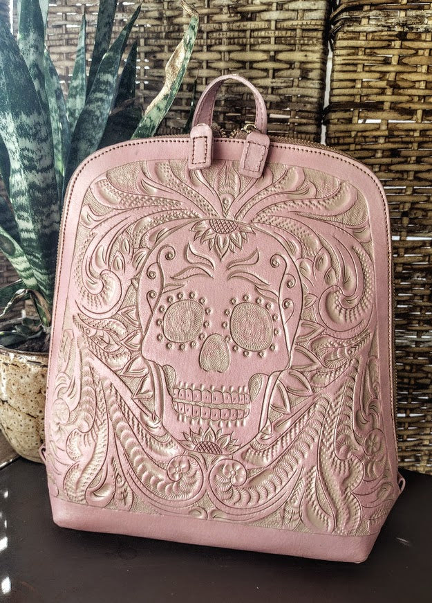 backpack hand tooled leather sugar skull pink