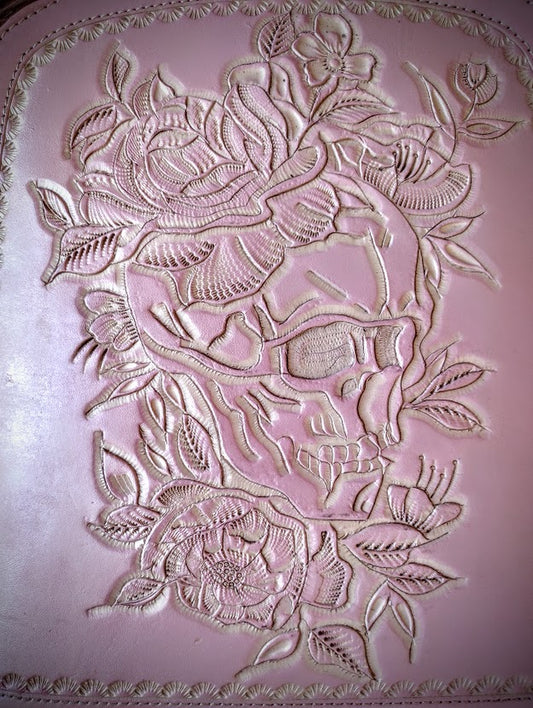 Backpack hand tooled leather skull rose pink