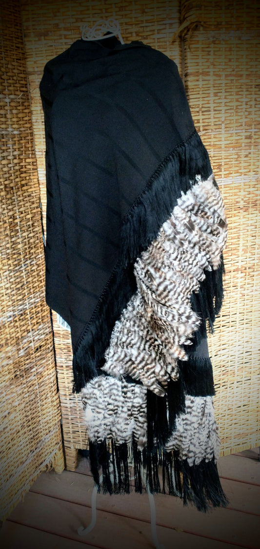 Classic Black Rebozo with Guinea Feather Art Embellishment