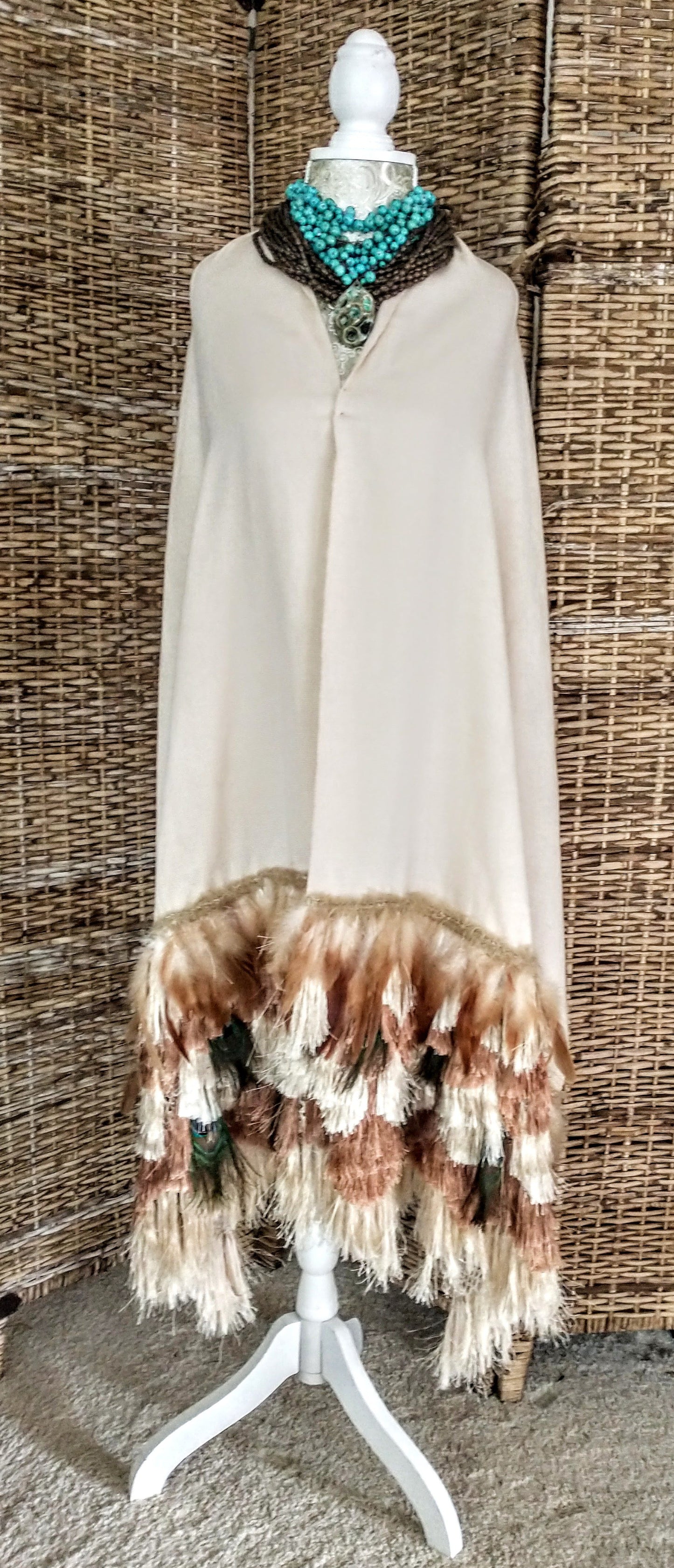 Ivory Rebozo with Peacock Feather Embellishment