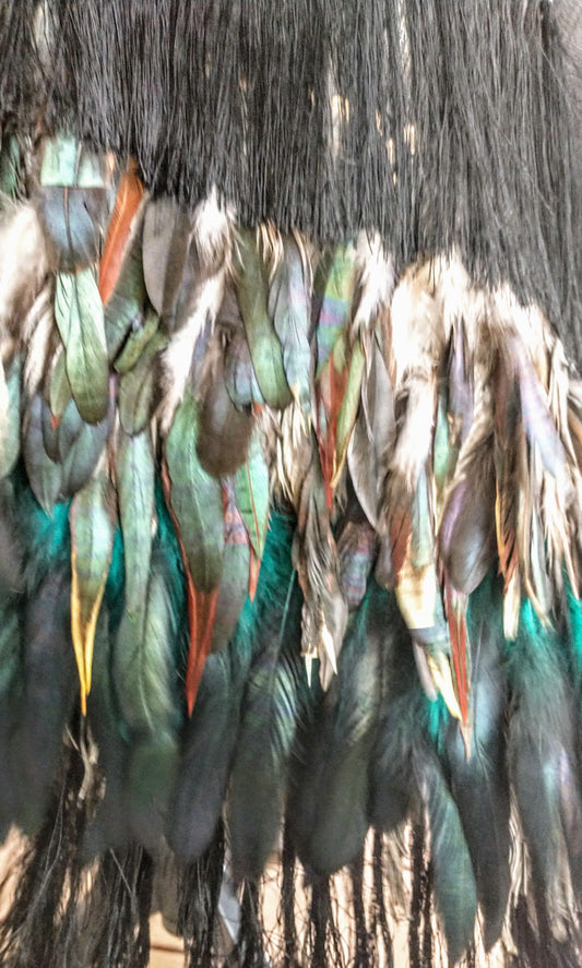 GreyBlack Rebozo Caspiado with Iridescent Feather Embellishment