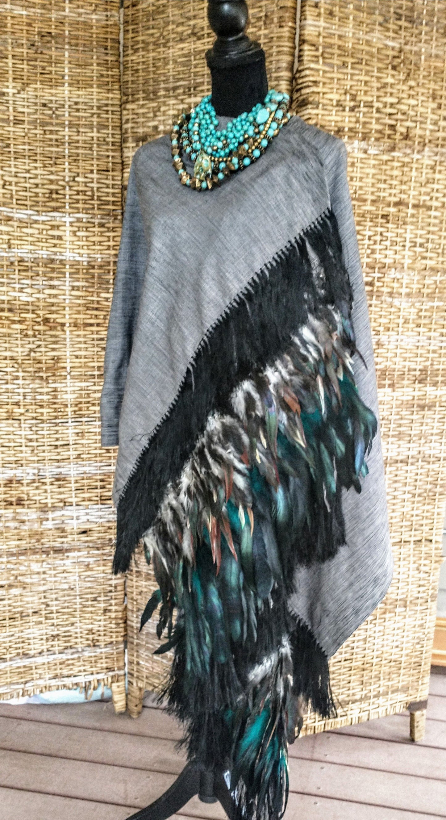 GreyBlack Rebozo Caspiado with Iridescent Feather Embellishment