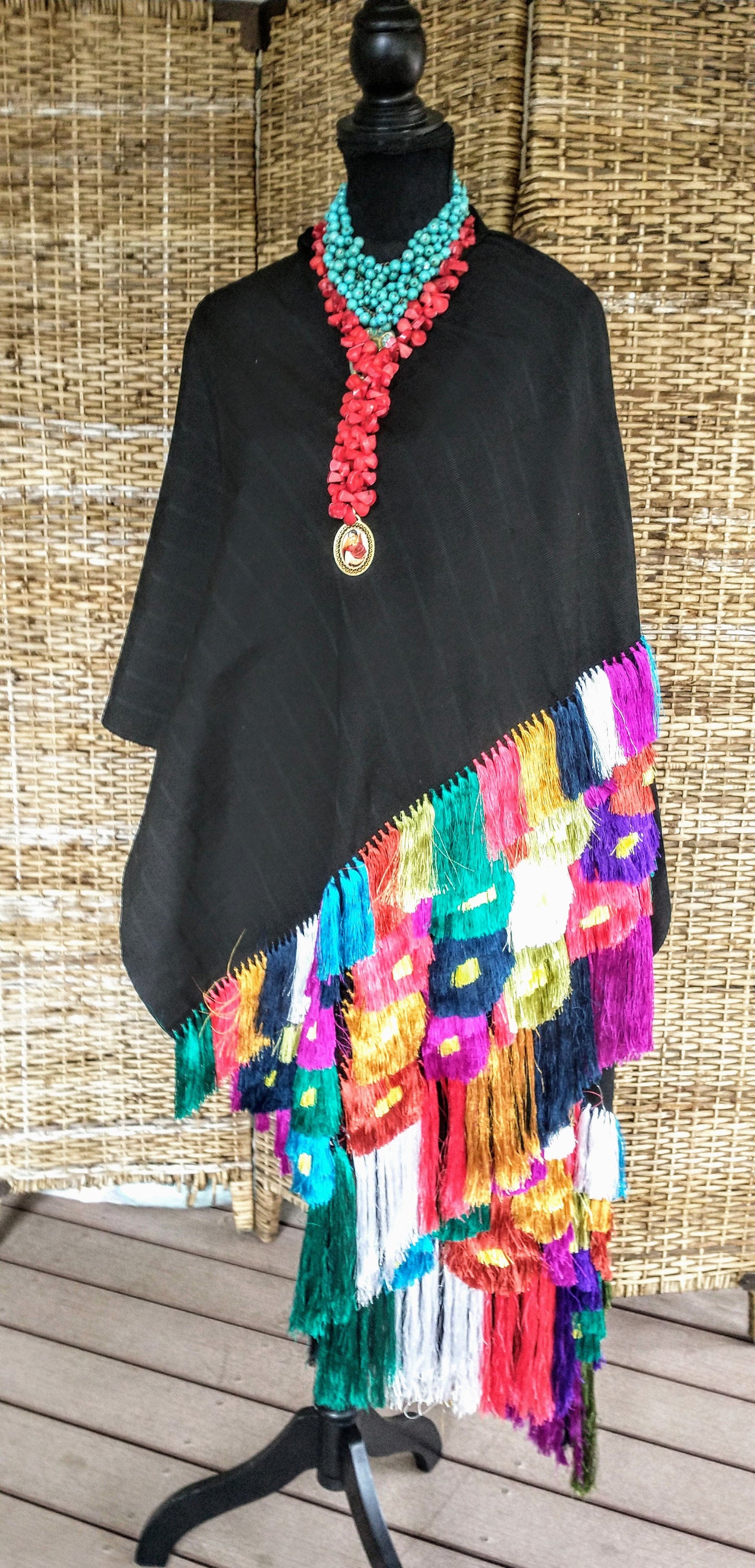 Classic Black Rebozo with Fiesta Embellishment