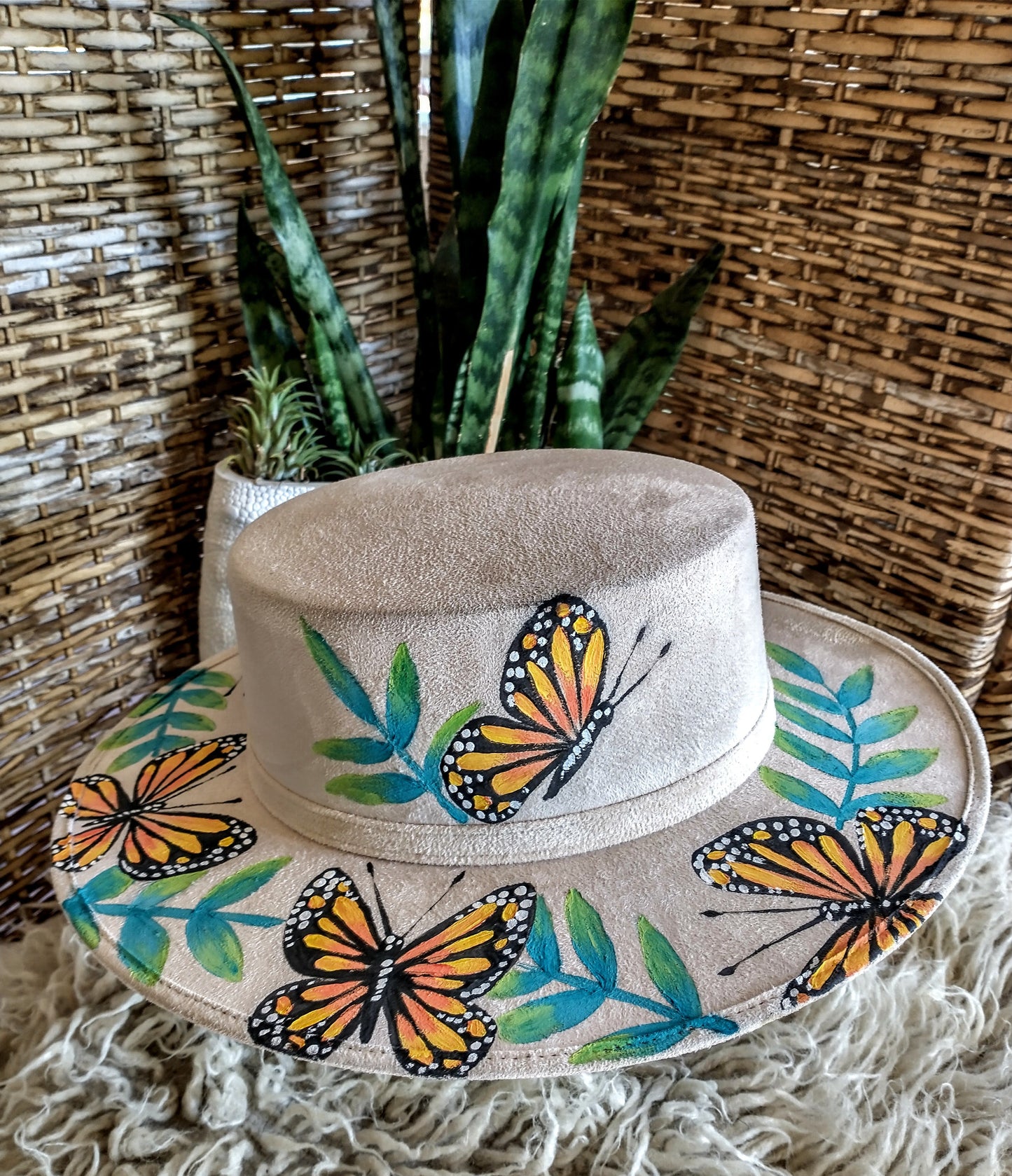 Ivori hand painted Monach butterfly Vegan Suede Cordovez bolero style hat