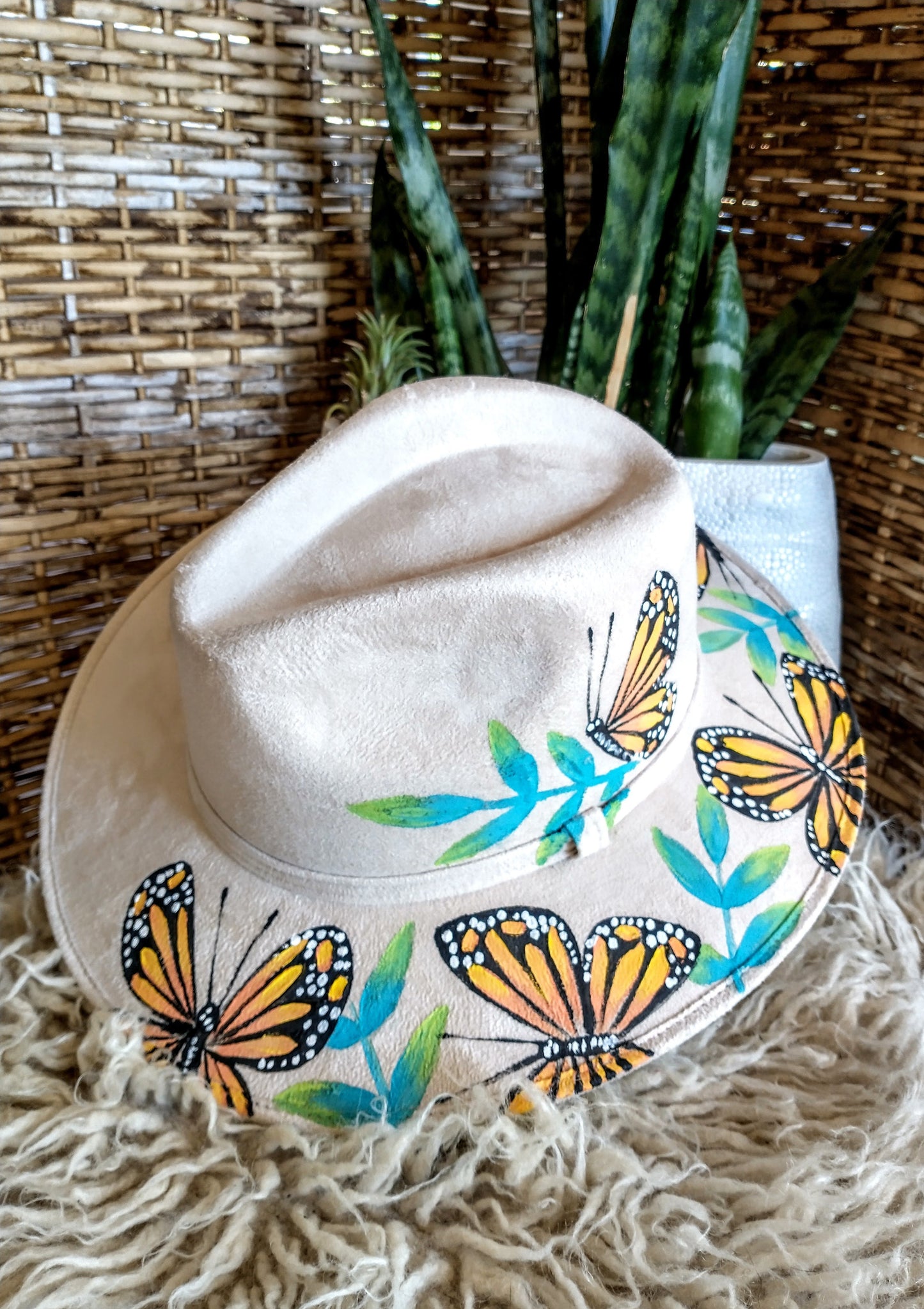 Ivori hand painted Monach butterfly Vegan Suede Indiana western style hat