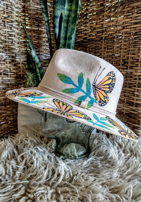 Ivori hand painted Monach butterfly Vegan Suede Indiana western style hat