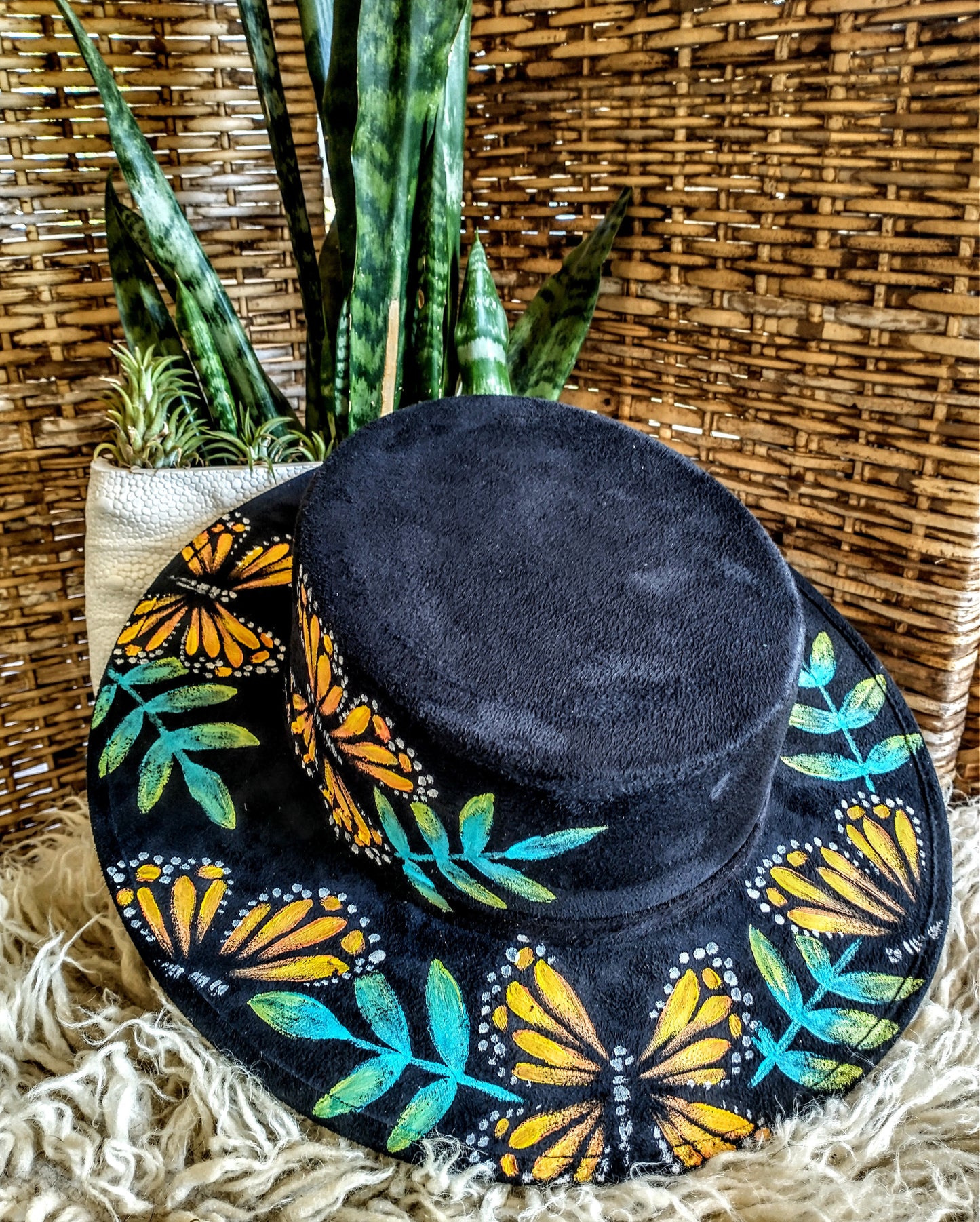 Hand painted Monach butterfly Vegan Suede Cordovez bolero style hat