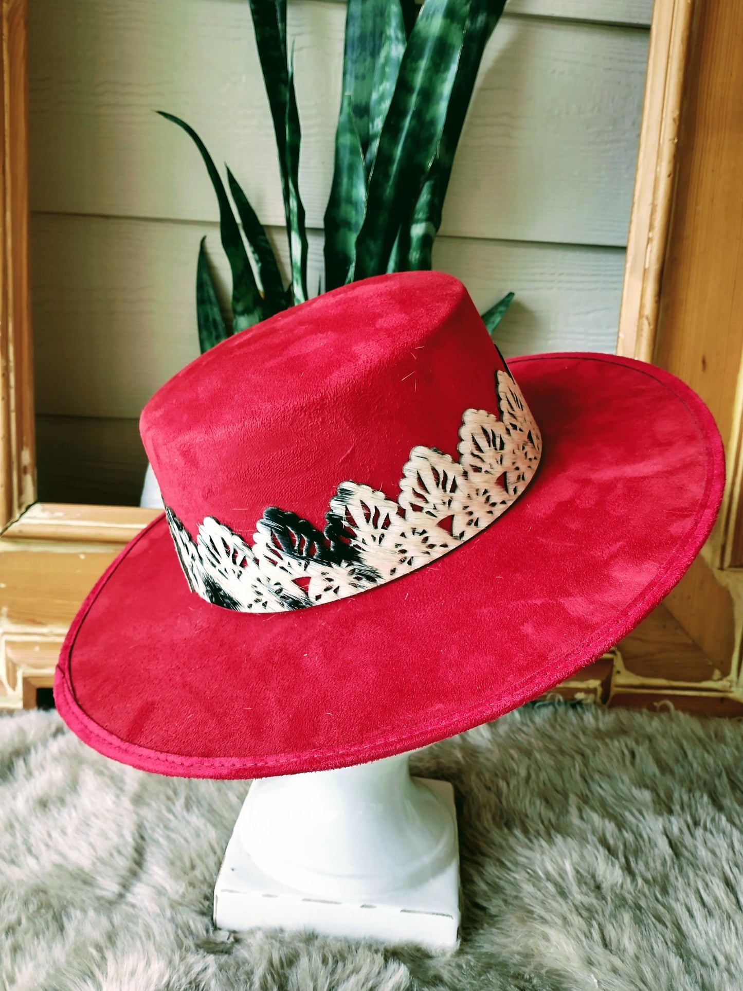 Red Vegan Suede Cordovez style hat with faux cowhide band