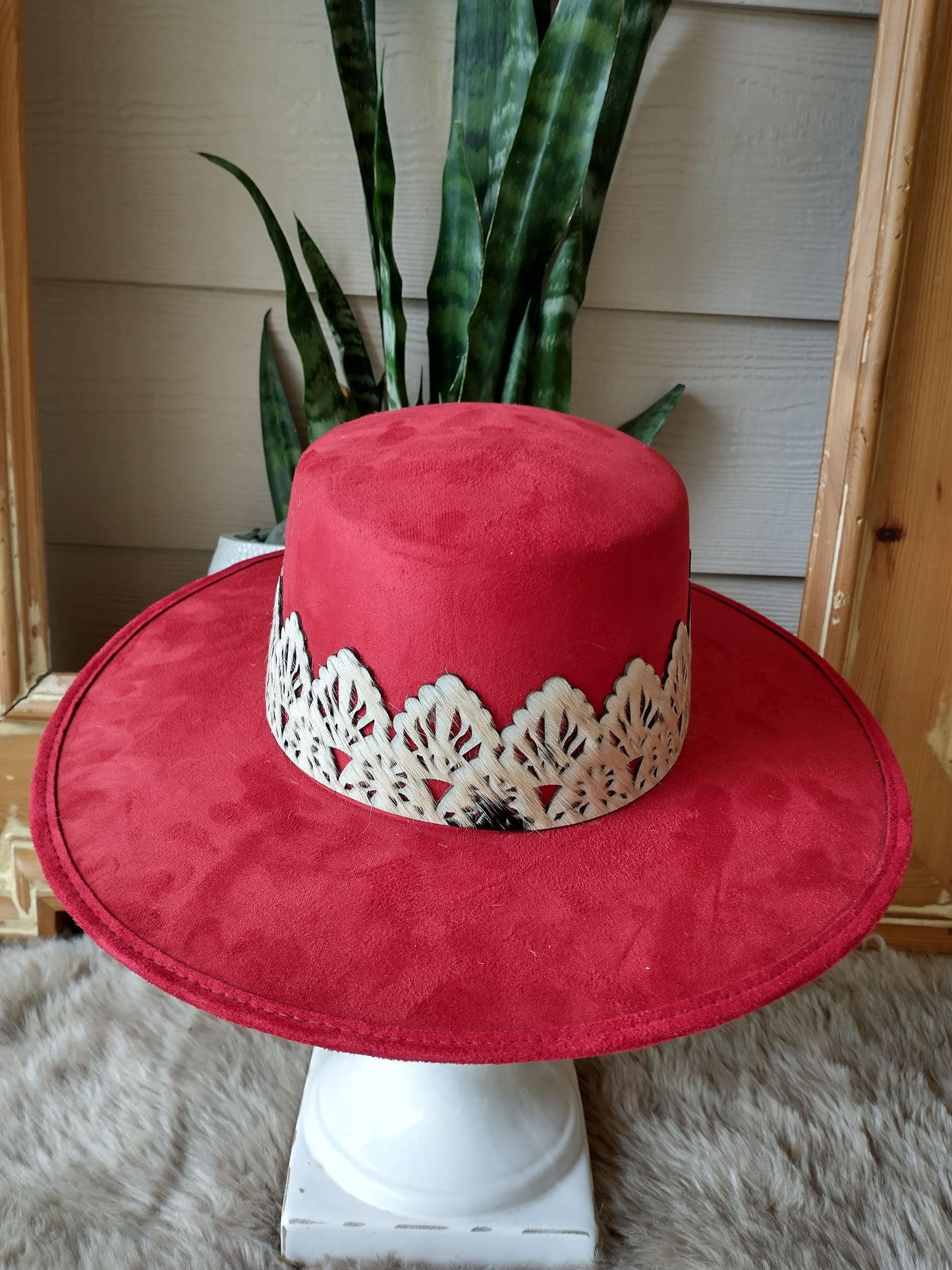 Red Vegan Suede Cordovez style hat with faux cowhide band