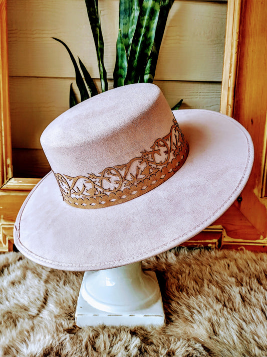 Pale Rose Vegan Suede Cordovez style hat with faux leather band