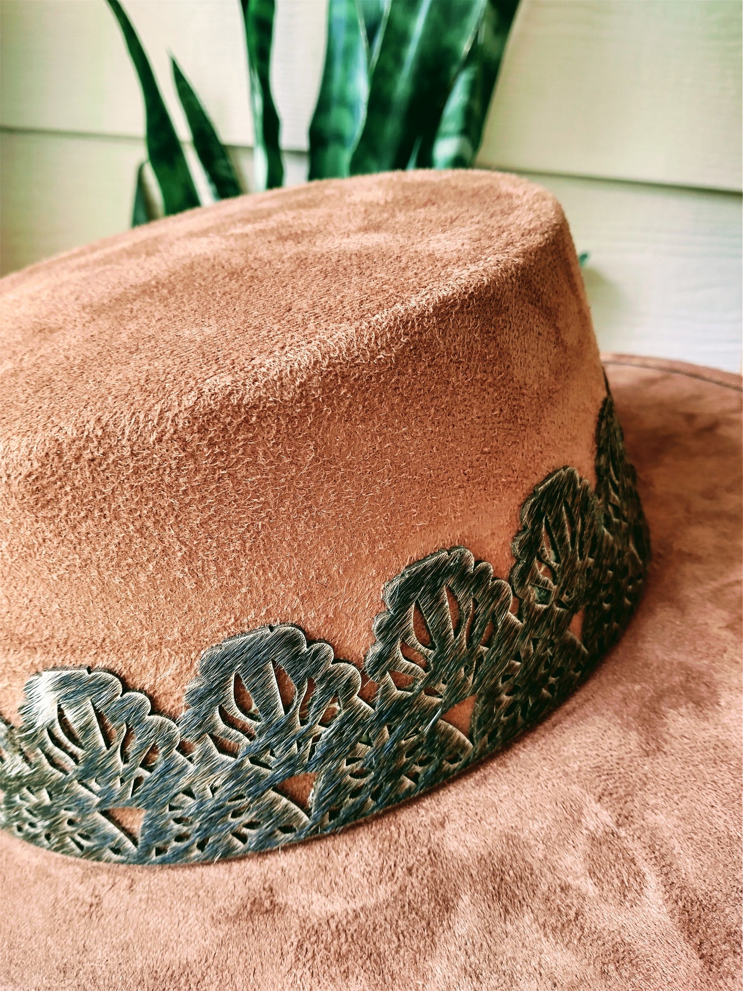 Red Vegan Suede Cordovez style hat with faux cowhide band