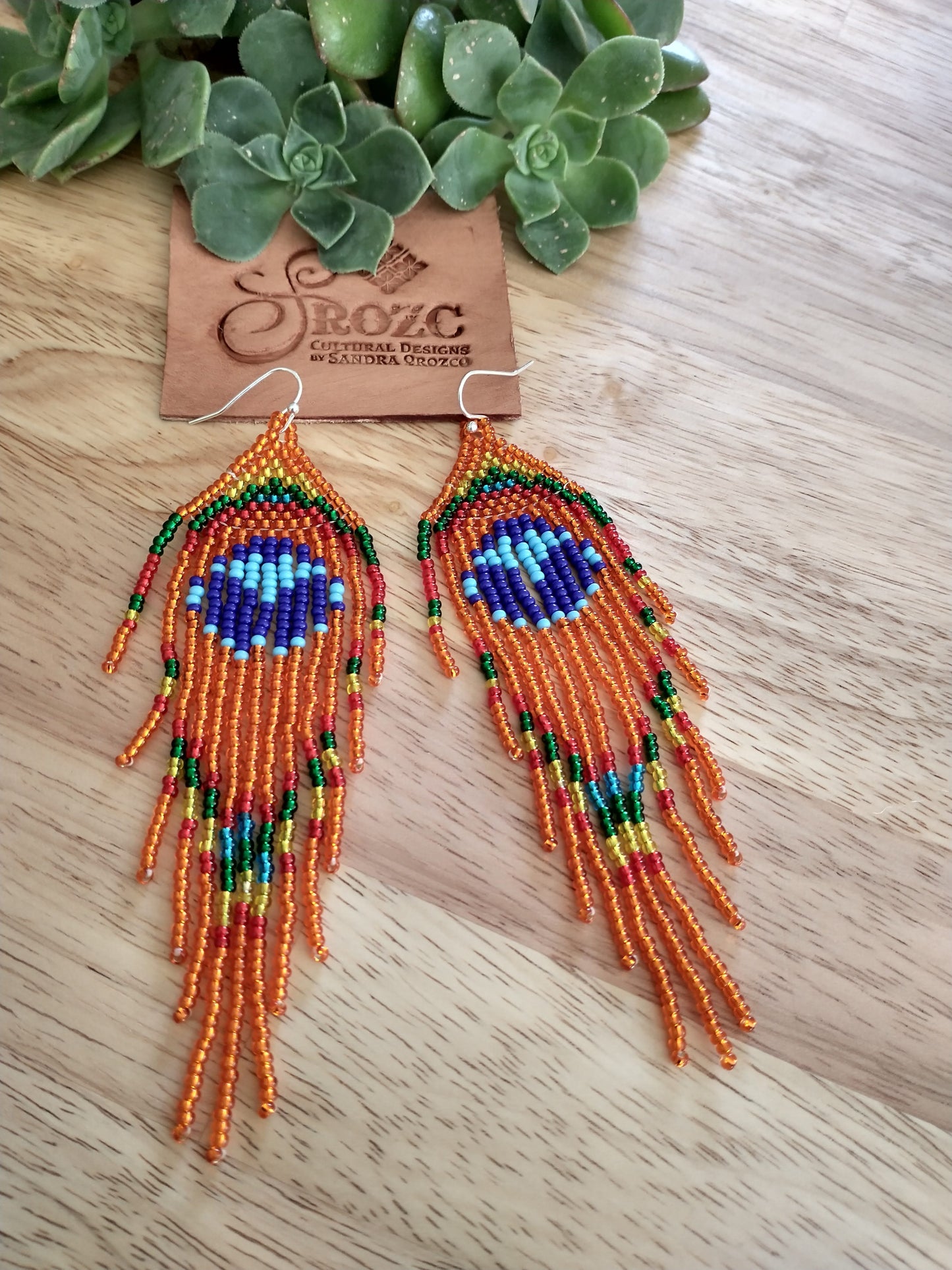 Cooper/turquoise Peacock feather beaded earrings