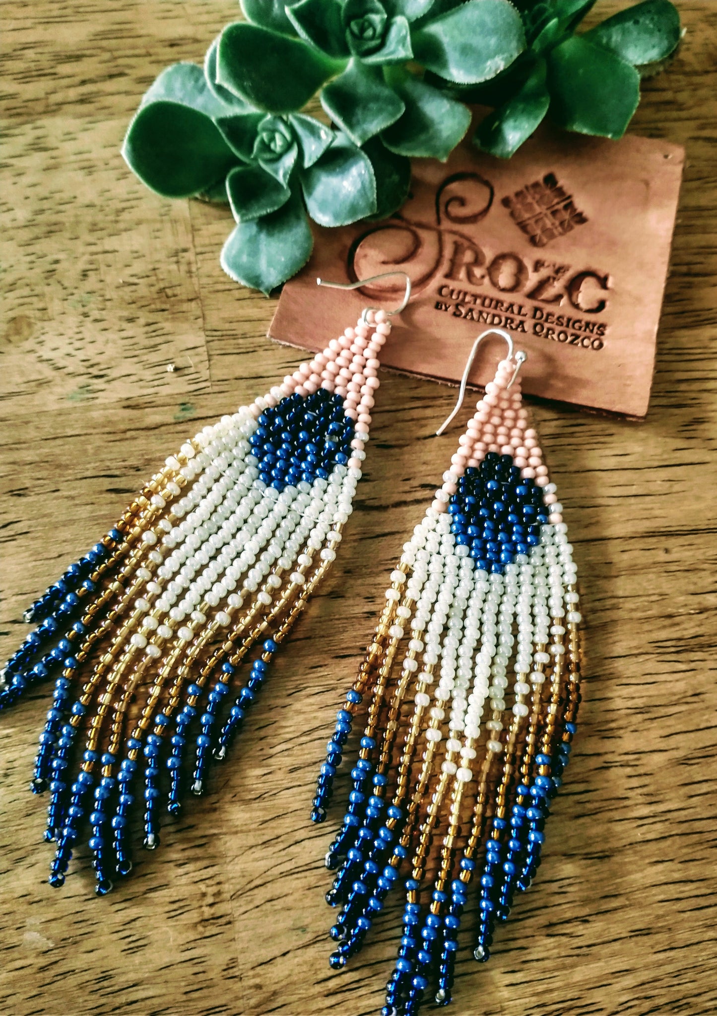 Blue moon bohemian ivory dangle beaded earrings with blue ombre fringe