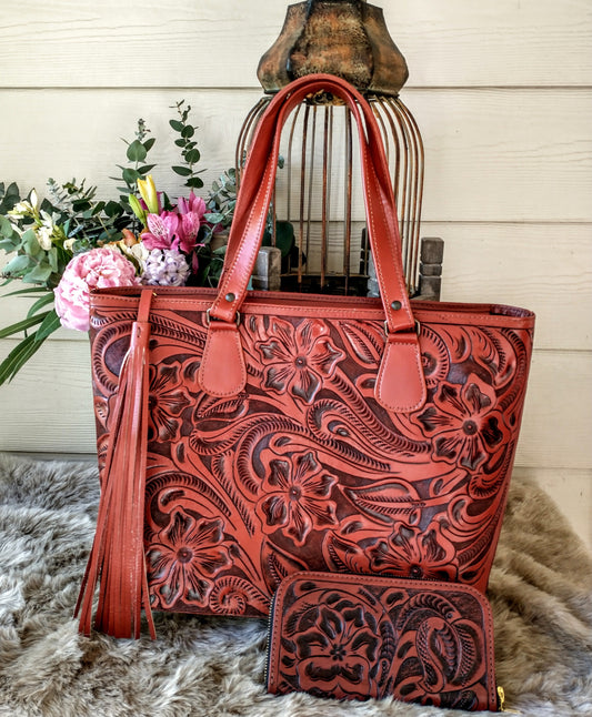Casandra floral, hand-tooled tote bag Antique/Italian