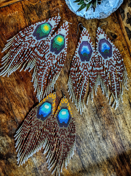Long peacock feather green earrings