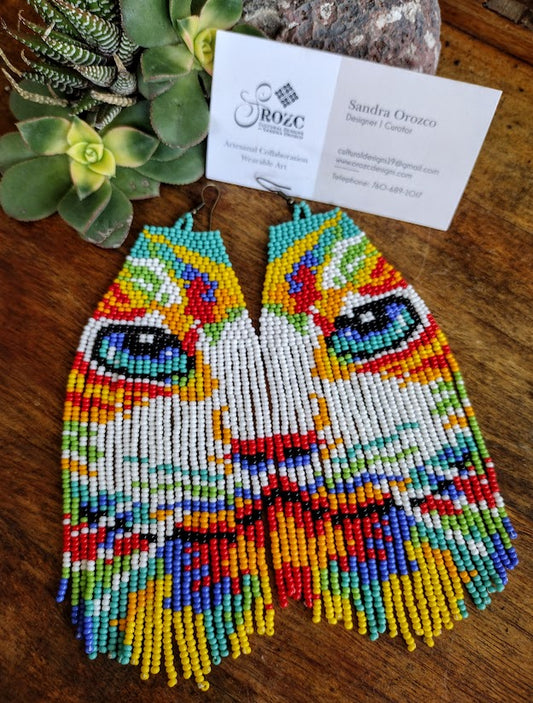 Cat face beadedwork multicolor big earrings.