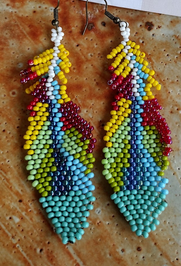 Realistic multicolor feathers beaded earrings.