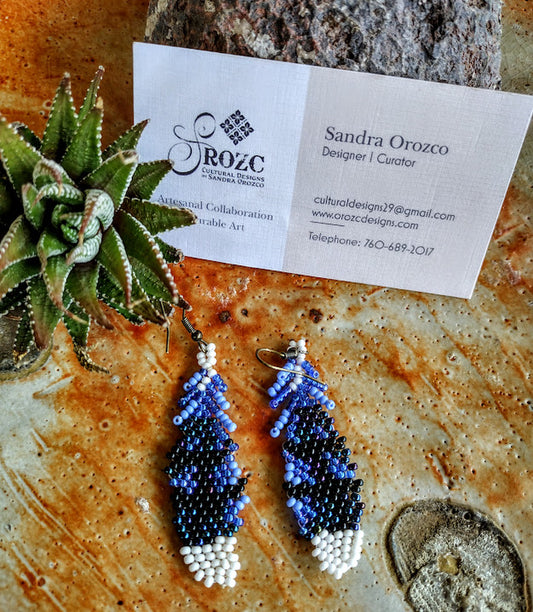 Realistic blue feathers beaded earrings.