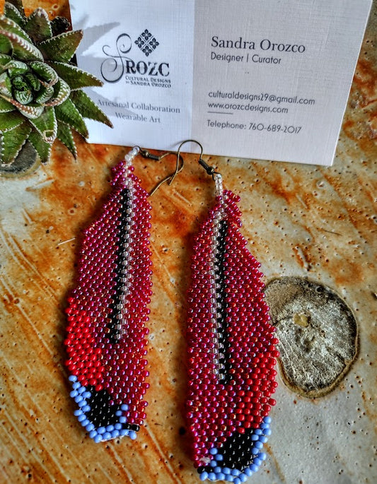 Realistic  feathers  red and blue beaded earrings.