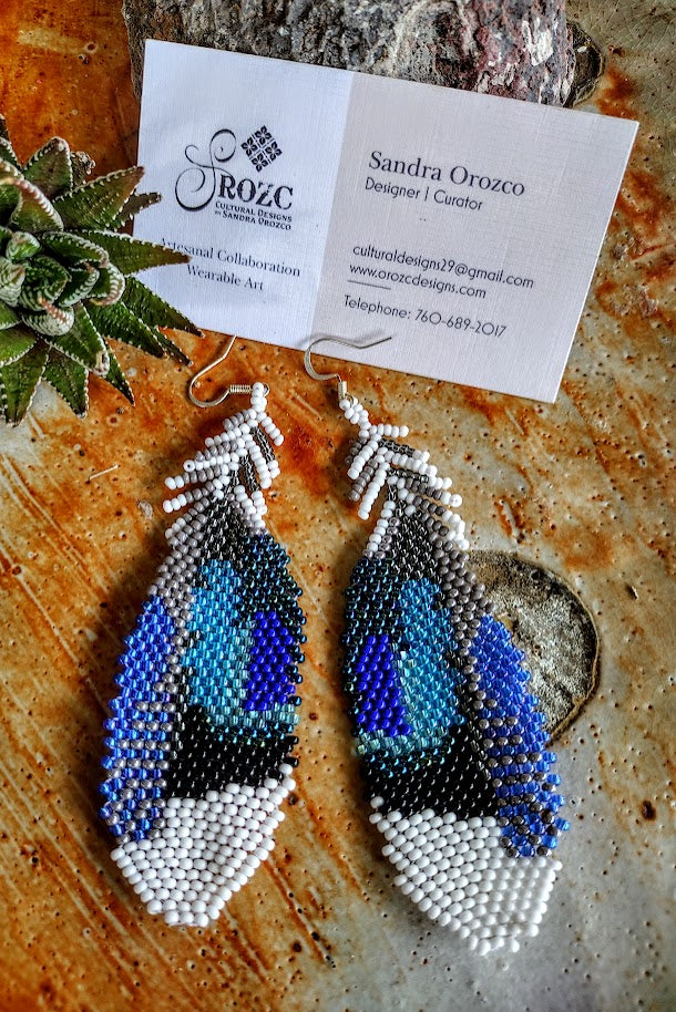 Realistic feathers blue and white and blue beaded earrings.