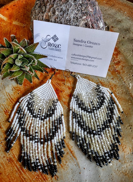 Feathers black, silver and white beaded earrings.