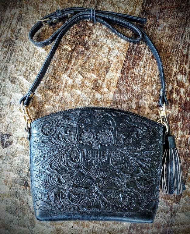 Sugar skull style Cross Body Purse Black.