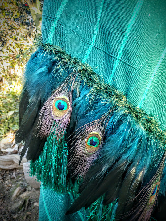 Classic Green emerald Rebozo with Teal/black and peacock feathers Embellishment