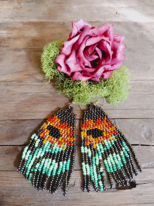 Floral orange sun flowers fringe earrings