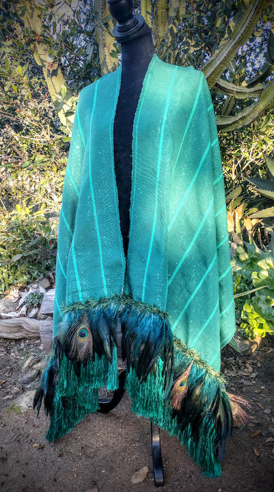 Classic Green emerald Rebozo with Teal/black and peacock feathers Embellishment