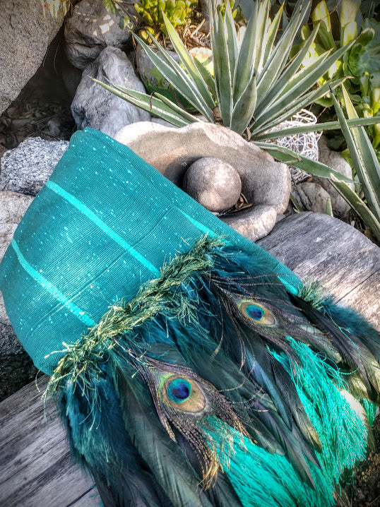 Classic Green emerald Rebozo with Teal/black and peacock feathers Embellishment