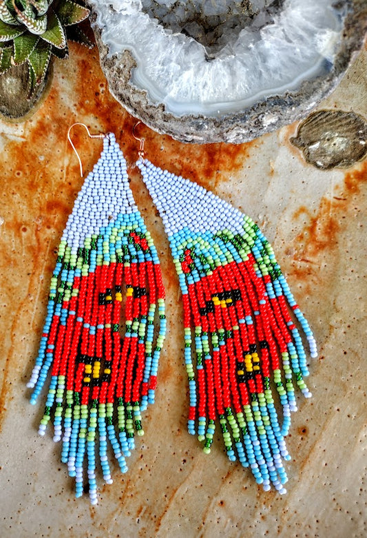 Poppies floral fringe blue and red earrings