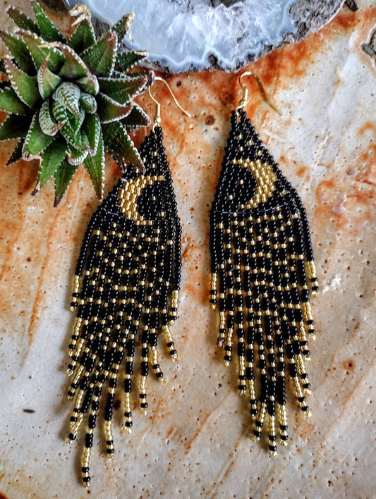 Gold and black moon, celestial bohemian dangle beaded earrings.