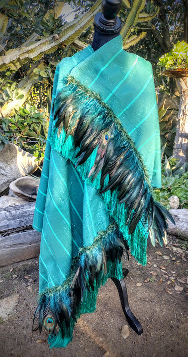 Classic Green emerald Rebozo with Teal/black and peacock feathers Embellishment