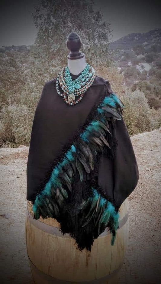 Classic Black Rebozo with Teal Embellishment
