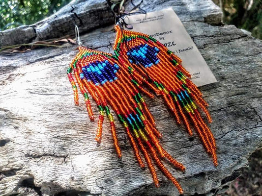 Cooper/turquoise Peacock feather beaded earrings