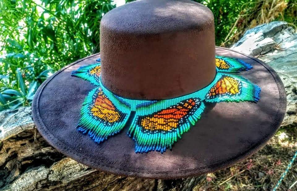 Monach turquoise butterfly beaded decoration Vegan Suede Cordovez bolero style hat