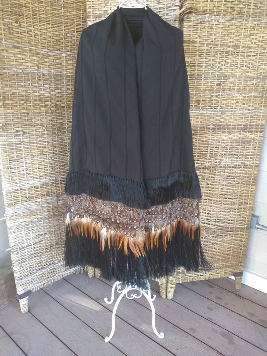 Traditional black rebozo, embellished with feather art