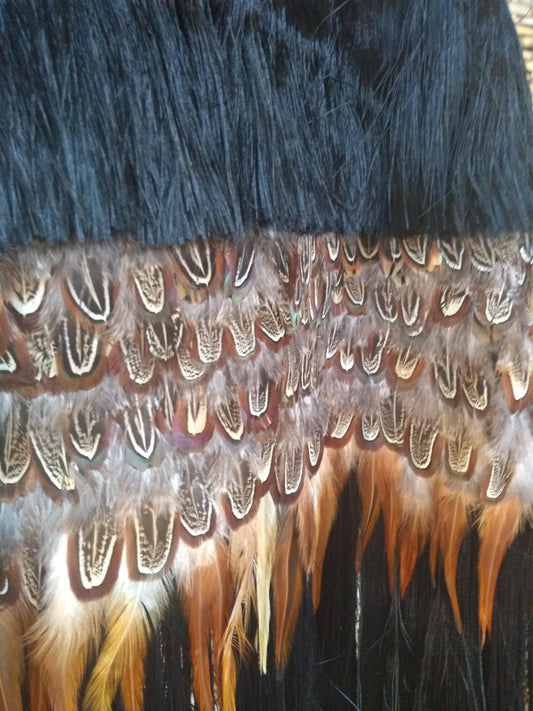 Traditional black rebozo, embellished with feather art