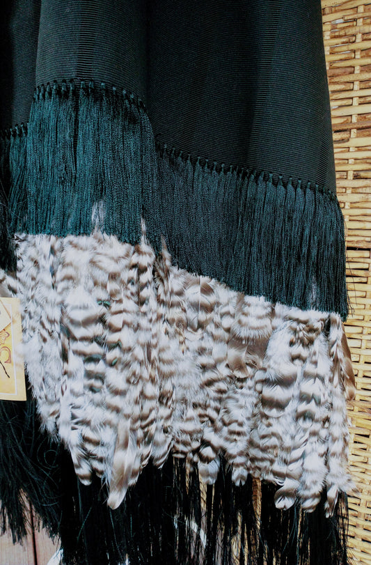 Classic Black Rebozo with Guinea Feather Art Embellishment