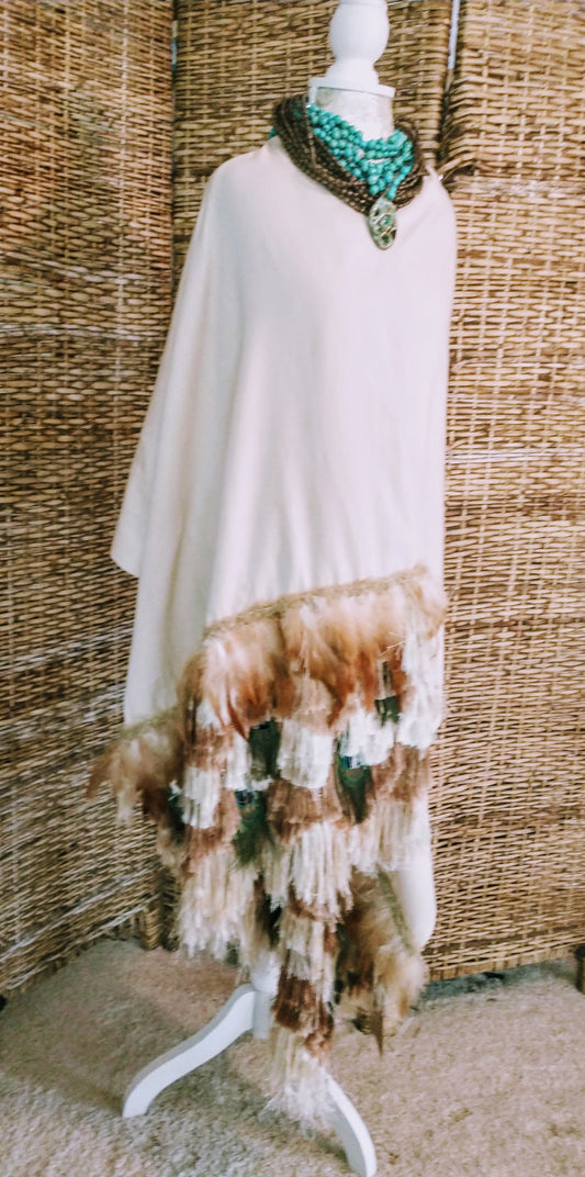 Ivory Rebozo with Peacock Feather Embellishment