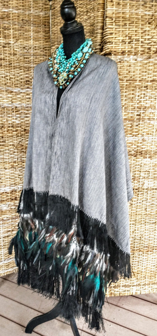GreyBlack Rebozo Caspiado with Iridescent Feather Embellishment