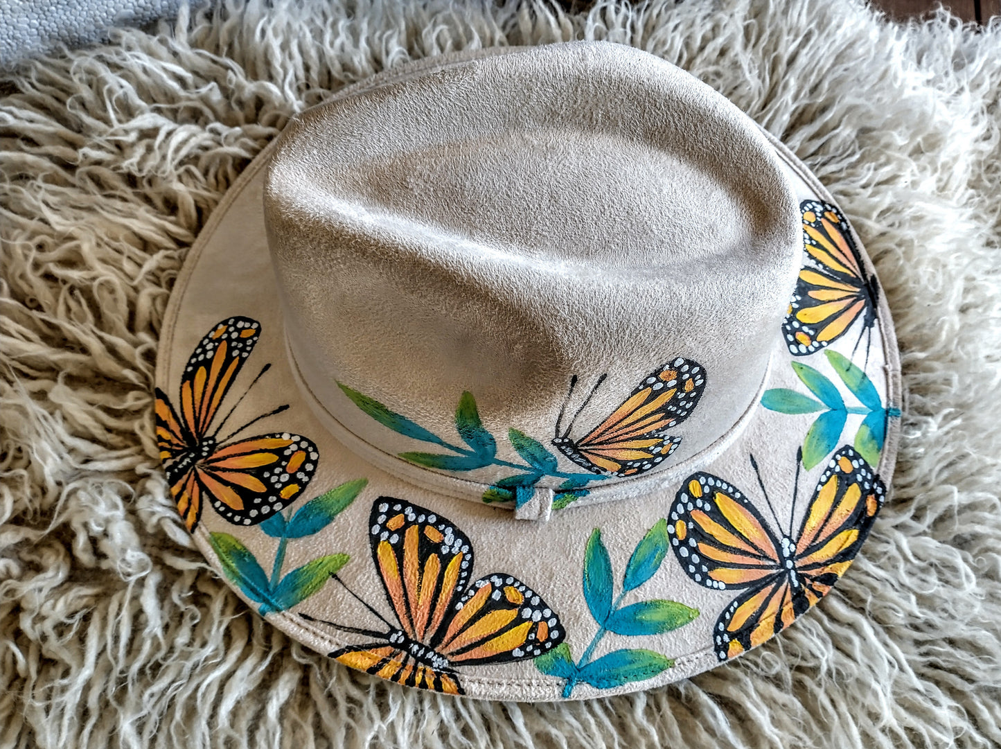 Ivori hand painted Monach butterfly Vegan Suede Indiana western style hat