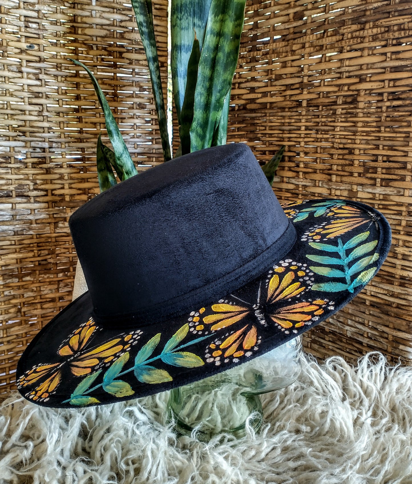 Hand painted Monach butterfly Vegan Suede Cordovez bolero style hat