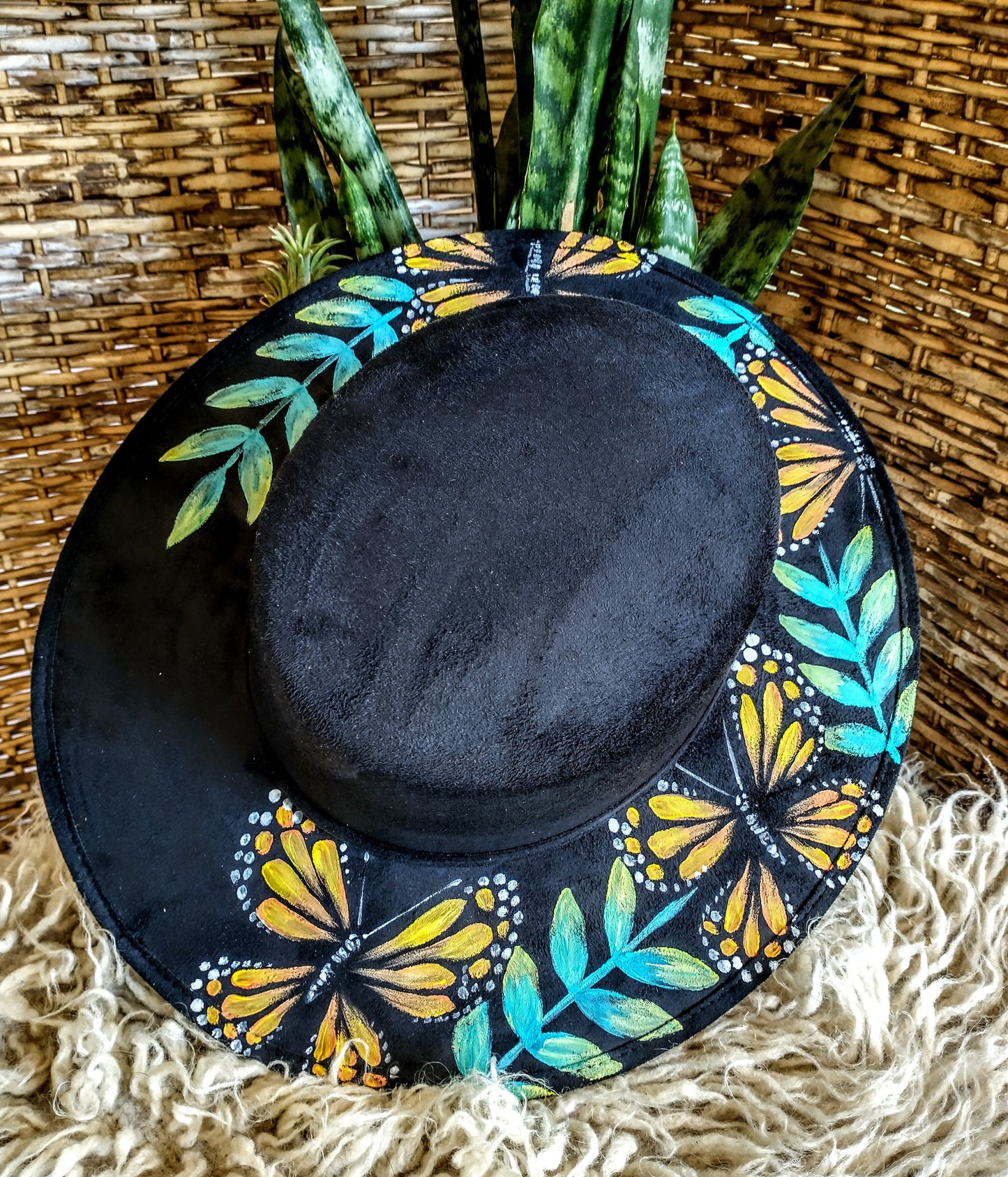 Hand painted Monach butterfly Vegan Suede Cordovez bolero style hat