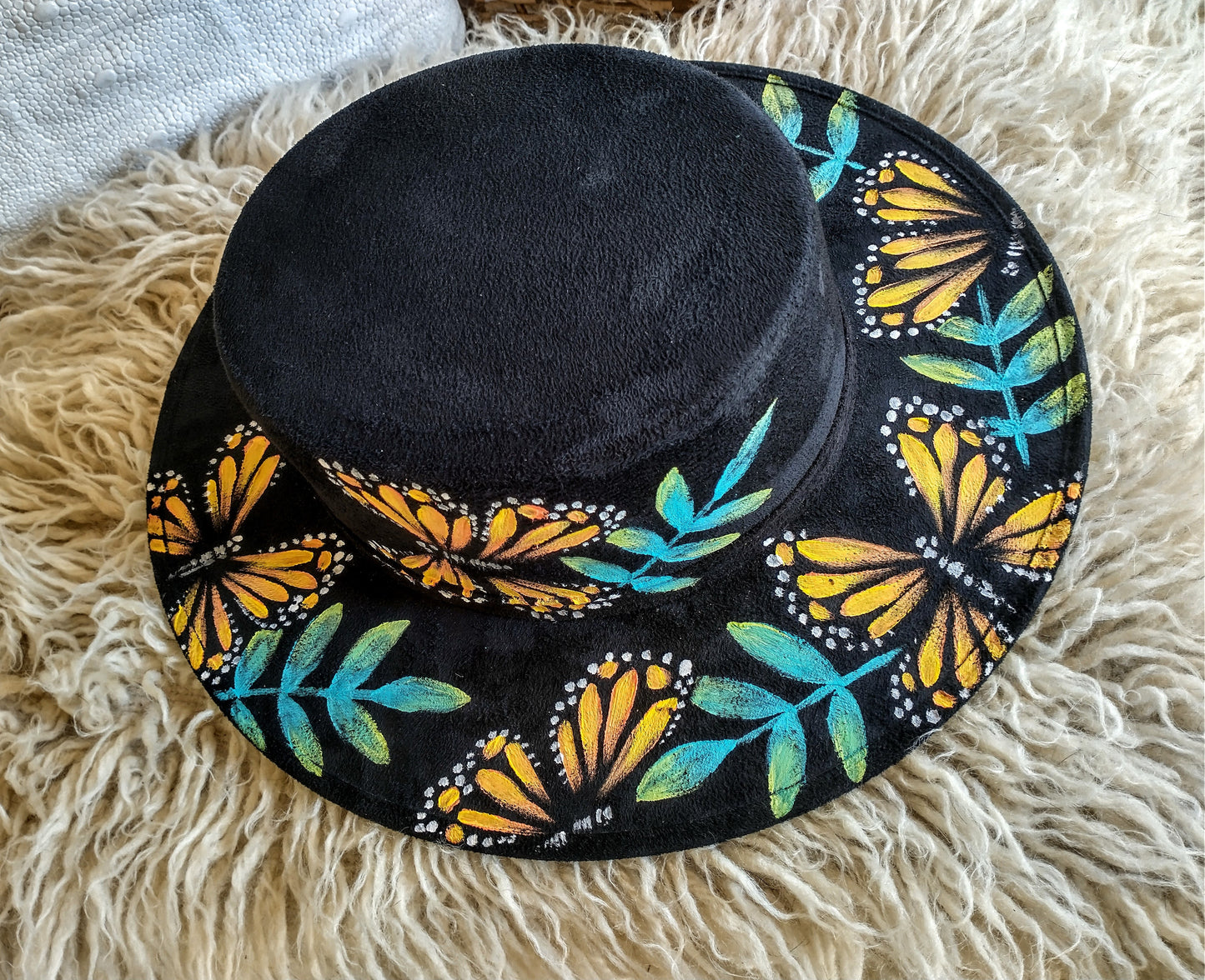 Hand painted Monach butterfly Vegan Suede Cordovez bolero style hat
