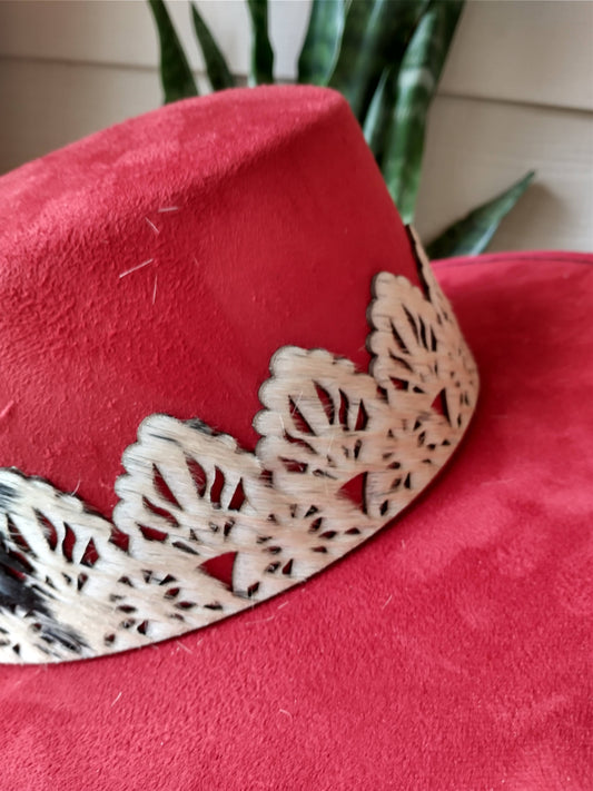 Red Vegan Suede Cordovez style hat with faux cowhide band