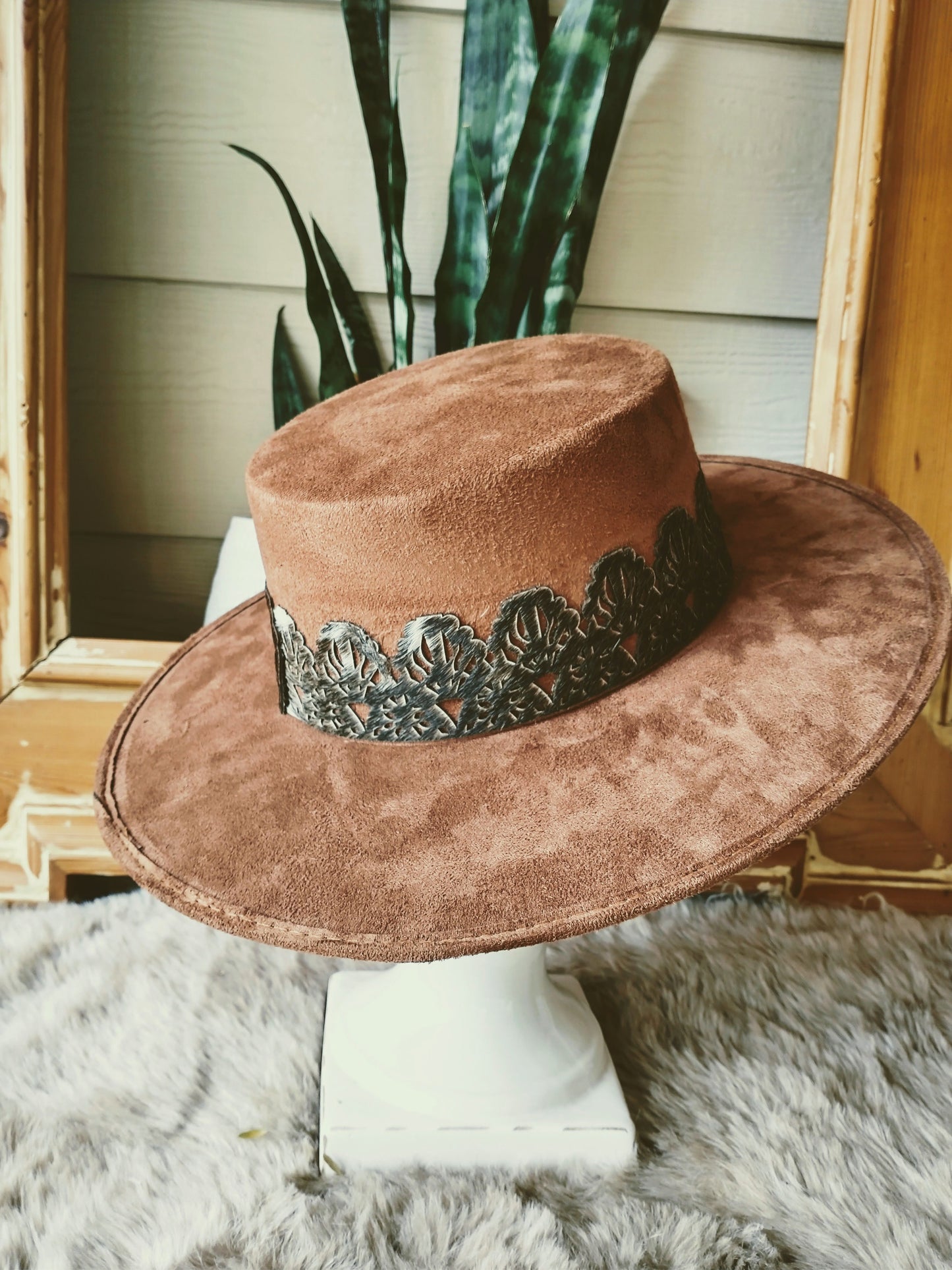 Red Vegan Suede Cordovez style hat with faux cowhide band