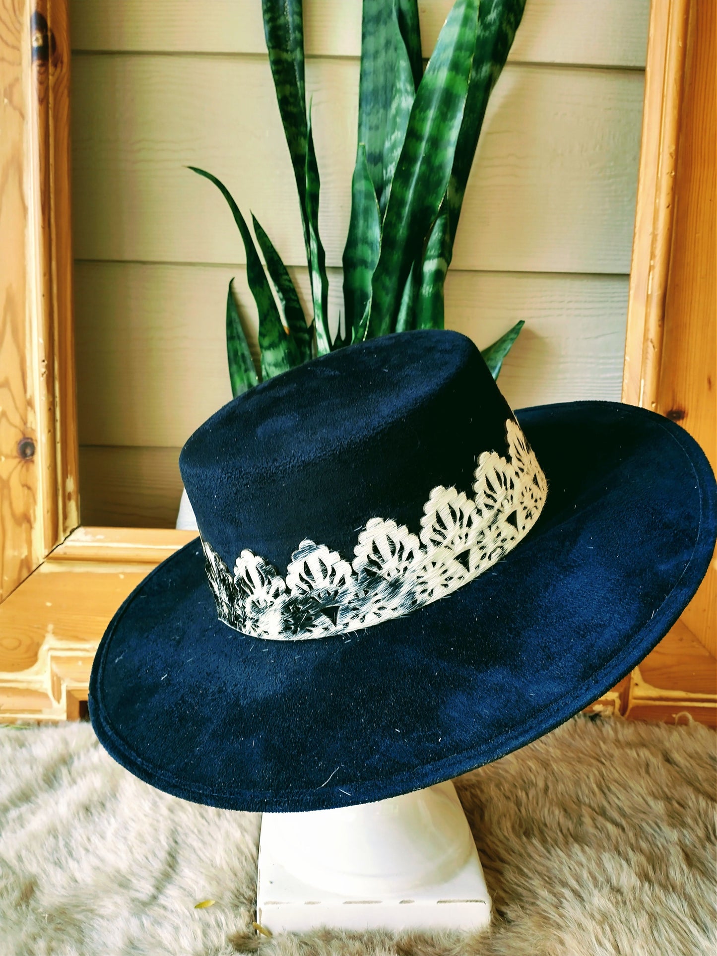 Red Vegan Suede Cordovez style hat with faux cowhide band